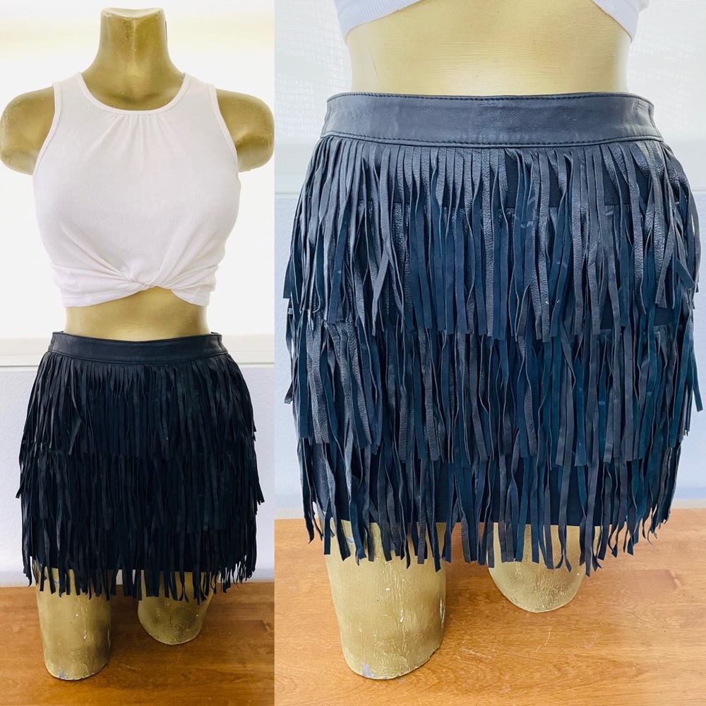 ASOS Black FRINGED Faux LEATHER Mini SKIRT Size 4